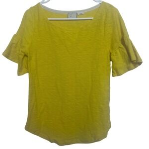 Postmark Anthropologie Yellow Slub Knit Ruffle Bell Sleeve Tee Shirt S Minimalis